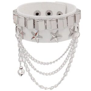 White and Silver Star Chain Leather Bracelet - Cute Goth Punk Rocker Biker Cuff